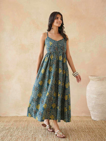V-Neck Long Strappy Dress Indigo Jaal