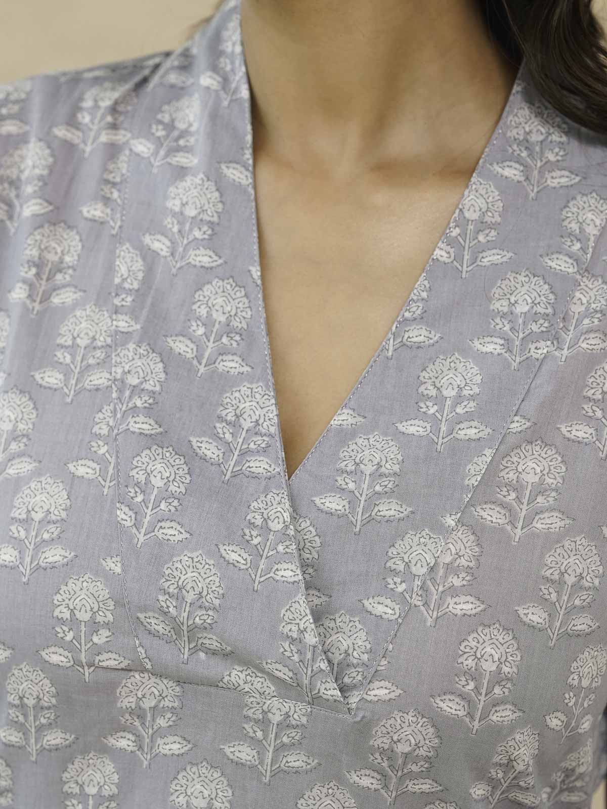 Cotton Printed Straight Kurta Grey