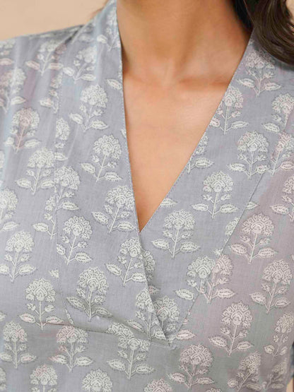 Cotton Printed Straight Kurta Grey