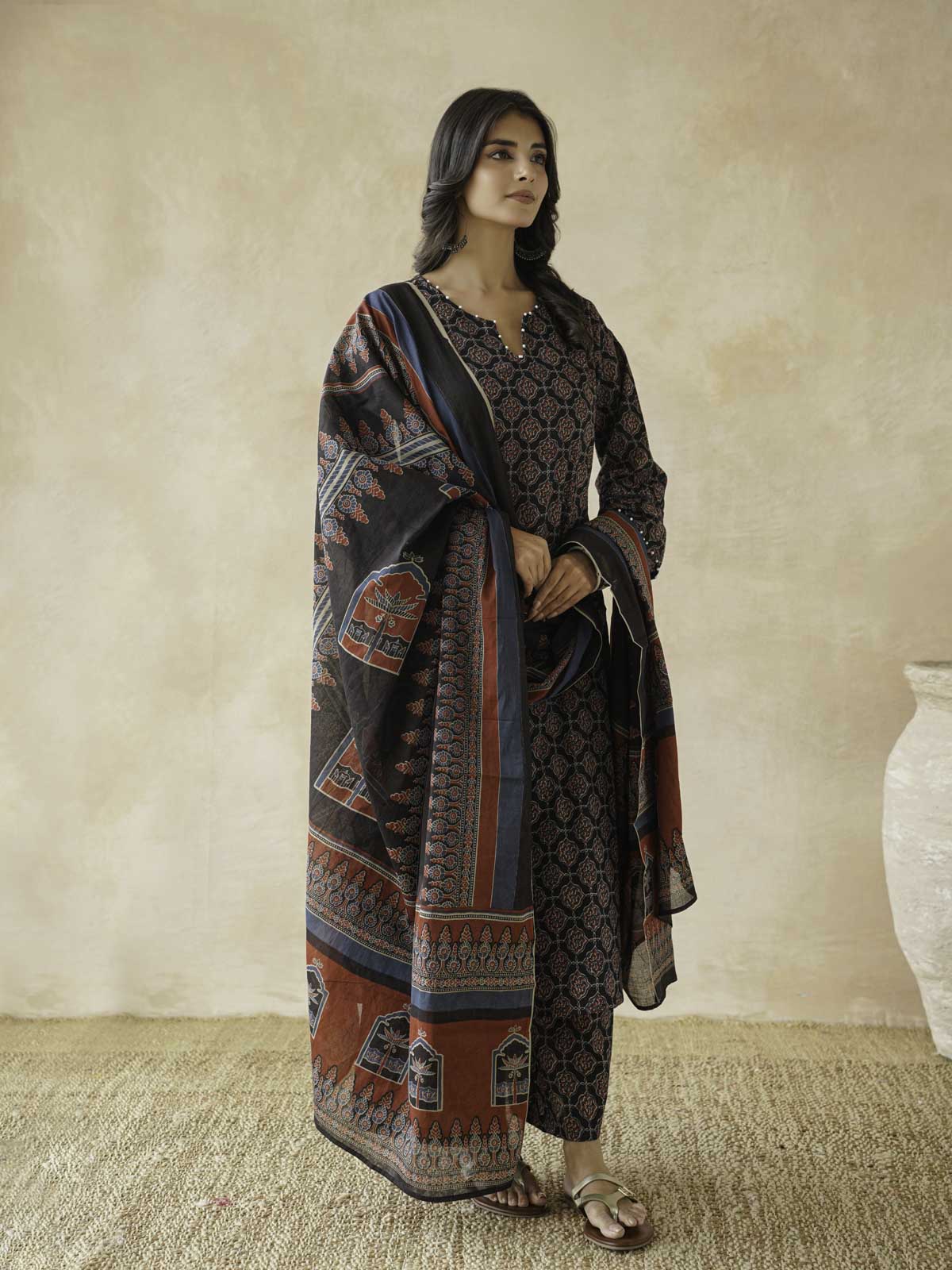 Cotton Printed Aline Kurta Set For Women Black