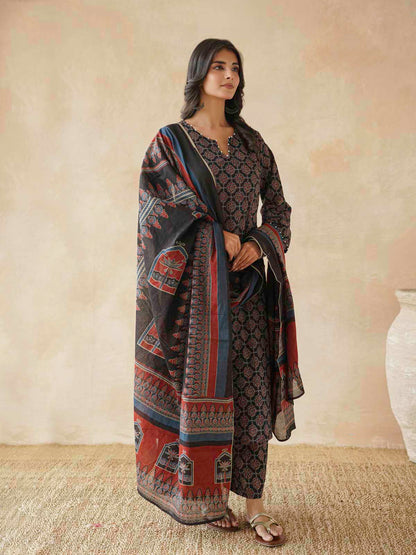 Cotton Printed Aline Kurta Set For Women Black