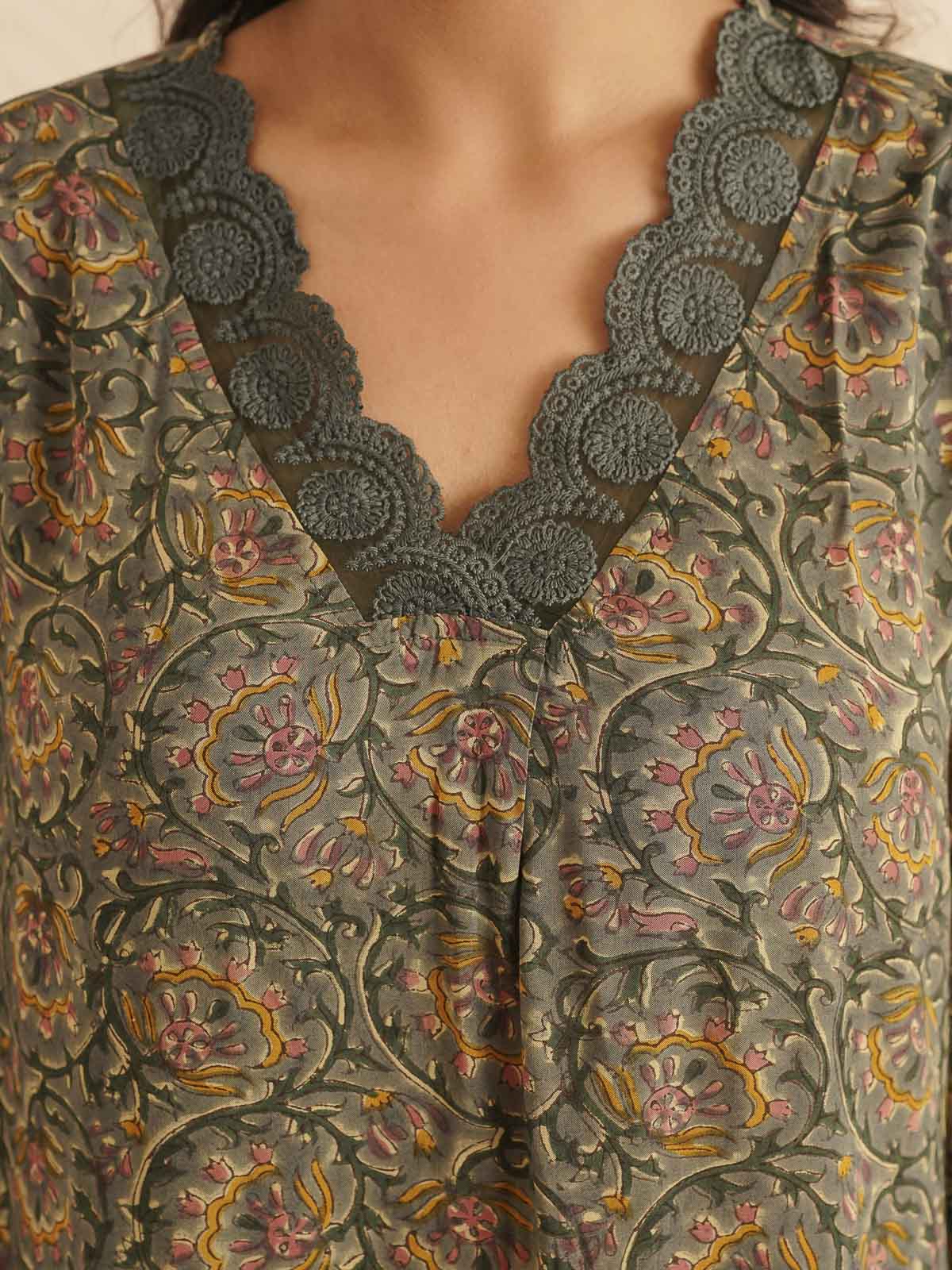 Block Printed Cotton Kurta Pant Bagiya Set Forest Green