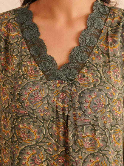 Block Printed Cotton Kurta Pant Bagiya Set Forest Green