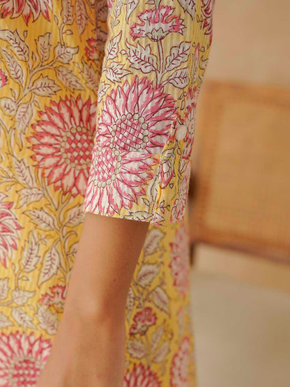Cotton Printed Collar Neck Long Kurti For Women Yellow