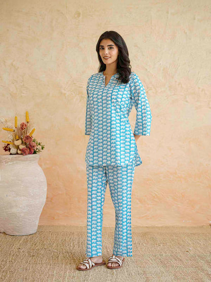 Cotton Printed Lounge Wear Coord Set Sky Blue