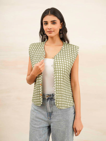 Cotton Printed Crop Sleeveless Quilted Jacket Green