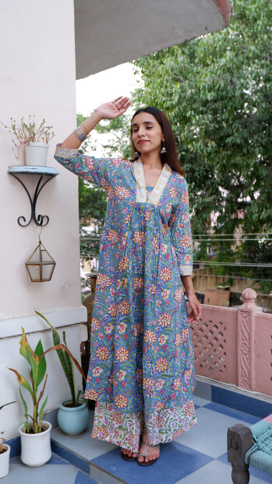 Block Printed A-Line Cotton Kurta Pant Mughal Set Blue