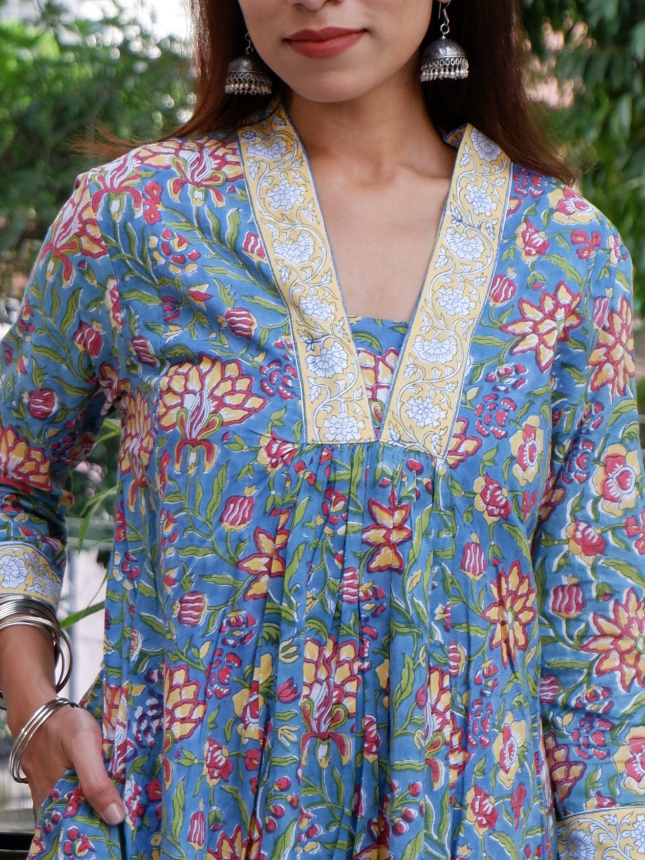 Block Printed A-Line Cotton Kurta Pant Mughal Set Blue