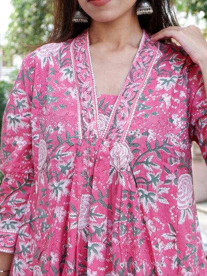 Block Printed A-Line Cotton Kurta Pant Mughal Set Pink