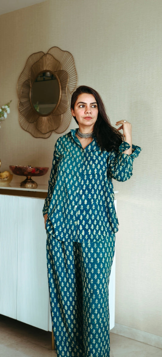 Block Printed Cotton Shirt Pant Meher Set Teal