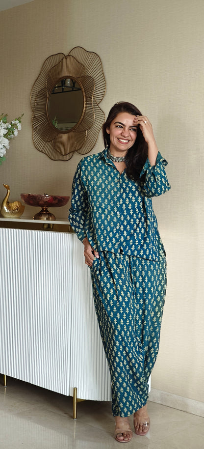 Block Printed Cotton Shirt Pant Meher Set Teal
