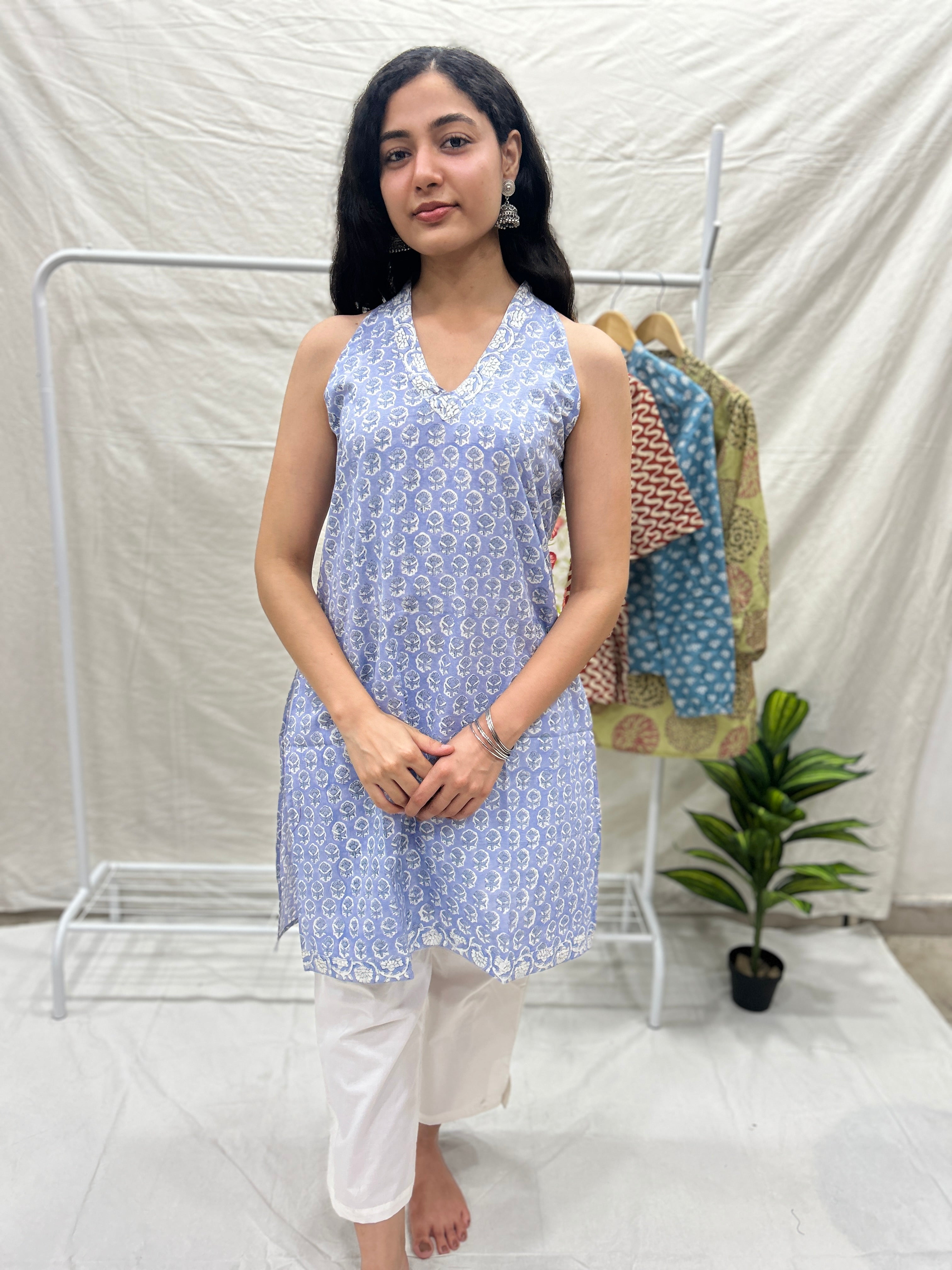 Sleeveless Cotton Halter Neck Kurti Blue