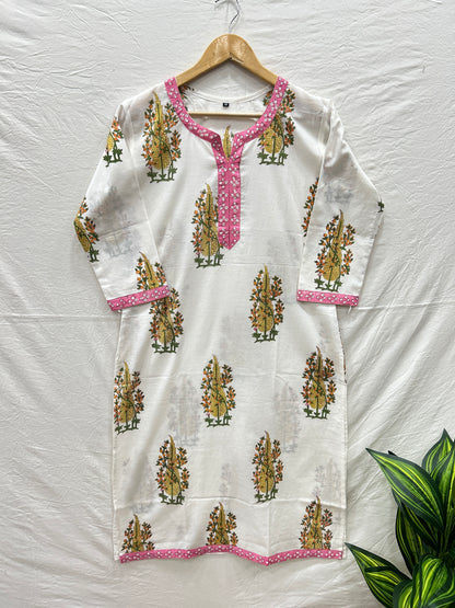 Knee length kurta white pink - Goodhand