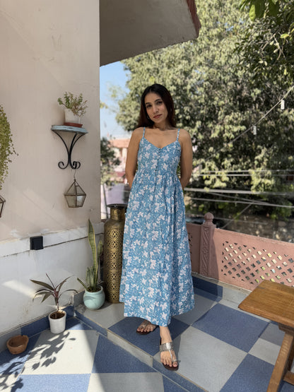 V-Neck Long Strappy Dress Light Blue