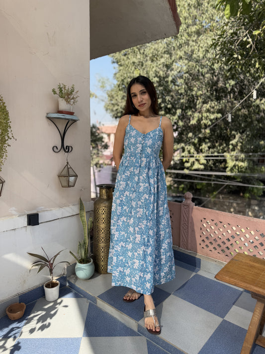 V-Neck Long Strappy Dress Light Blue