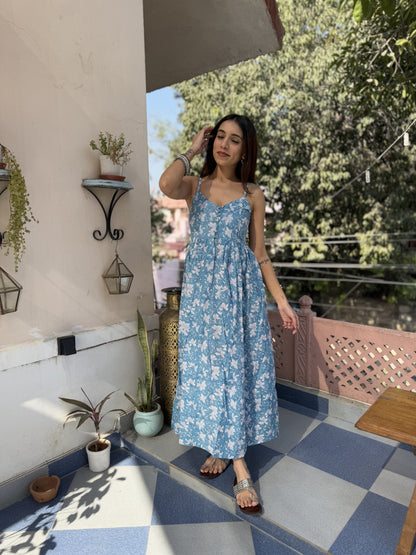 V-Neck Long Strappy Dress Light Blue