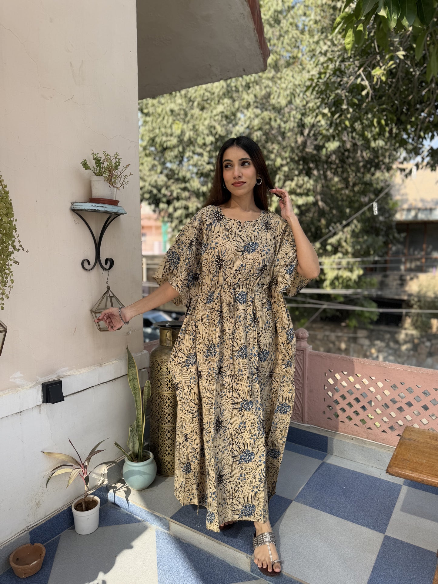 Block-Printed Cotton Long Kaftan Brown