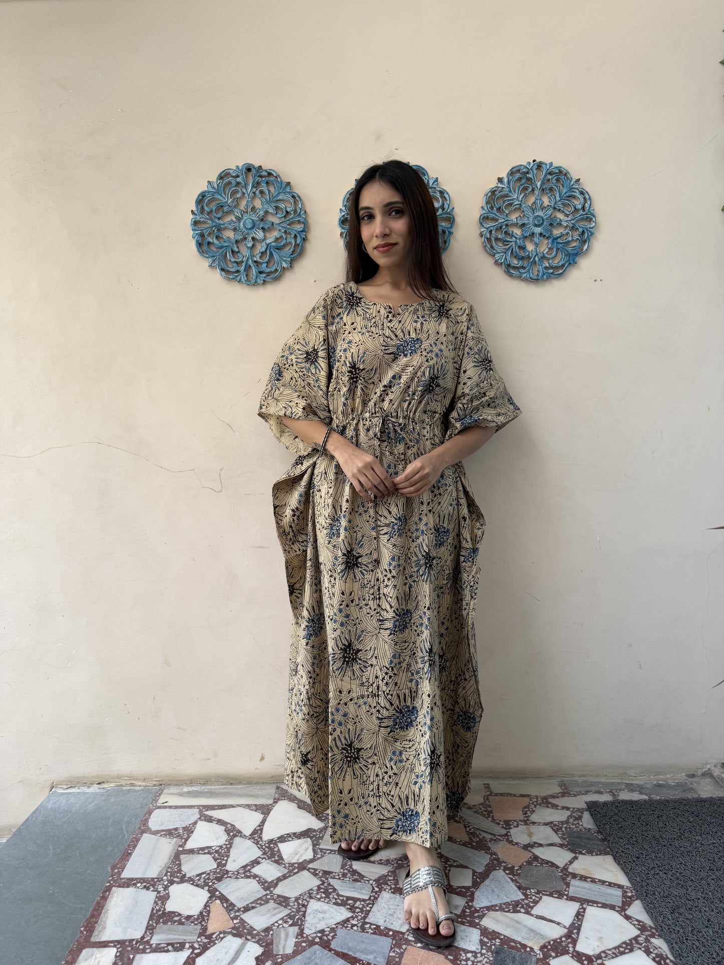 Block-Printed Cotton Long Kaftan Brown