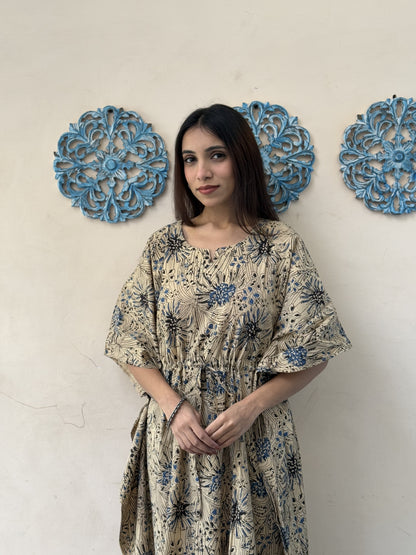 Block-Printed Cotton Long Kaftan Brown