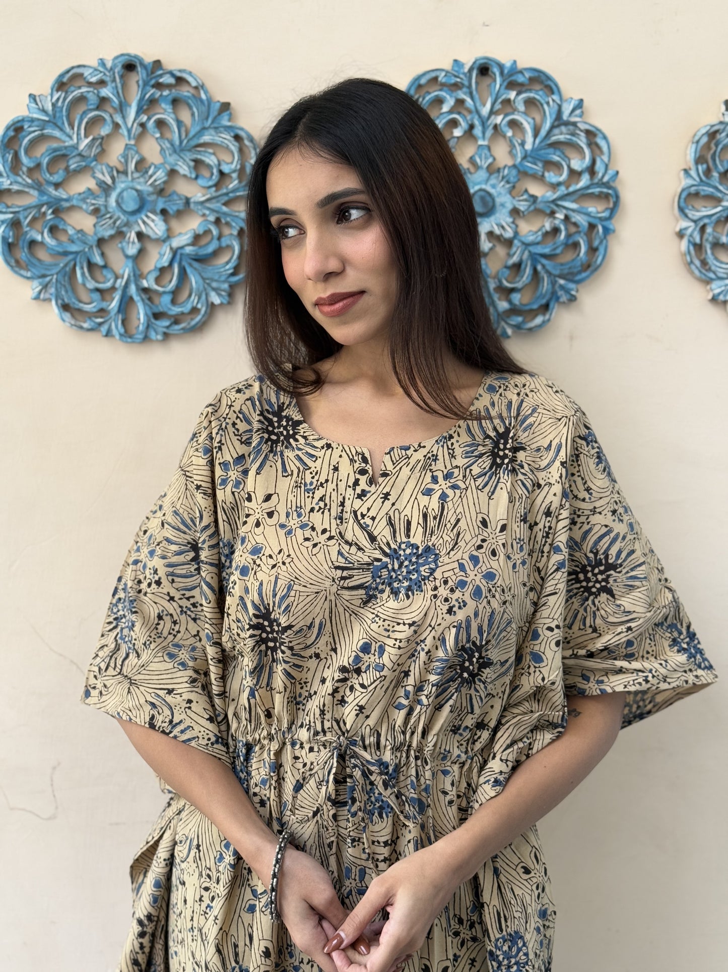 Block-Printed Cotton Long Kaftan Brown