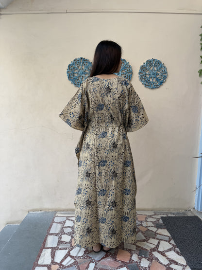 Block-Printed Cotton Long Kaftan Brown