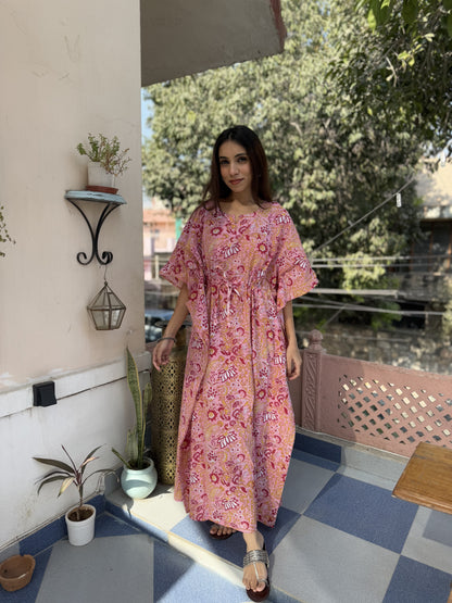 Block-Printed Cotton Long Kaftan Pink