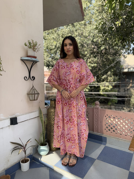 Block-Printed Cotton Long Kaftan Pink