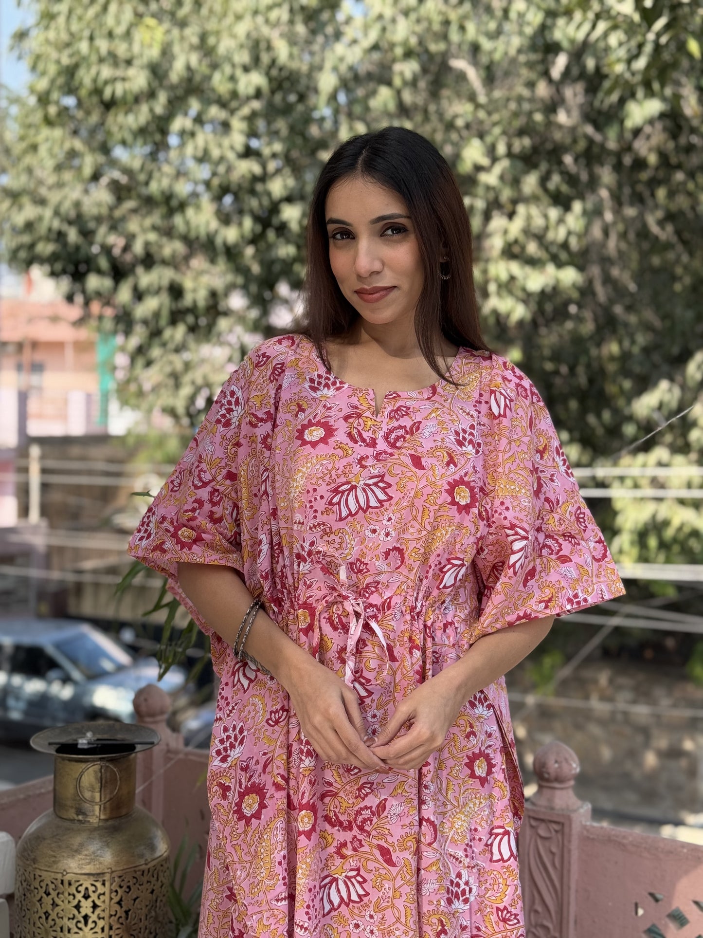 Block-Printed Cotton Long Kaftan Pink