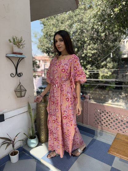 Block-Printed Cotton Long Kaftan Pink