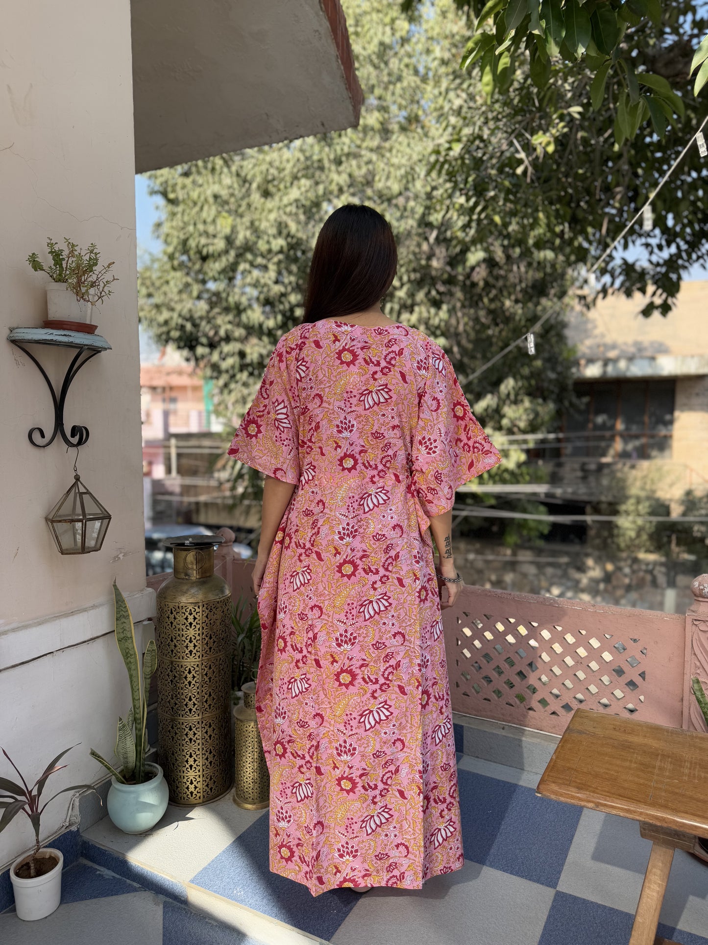 Block-Printed Cotton Long Kaftan Pink