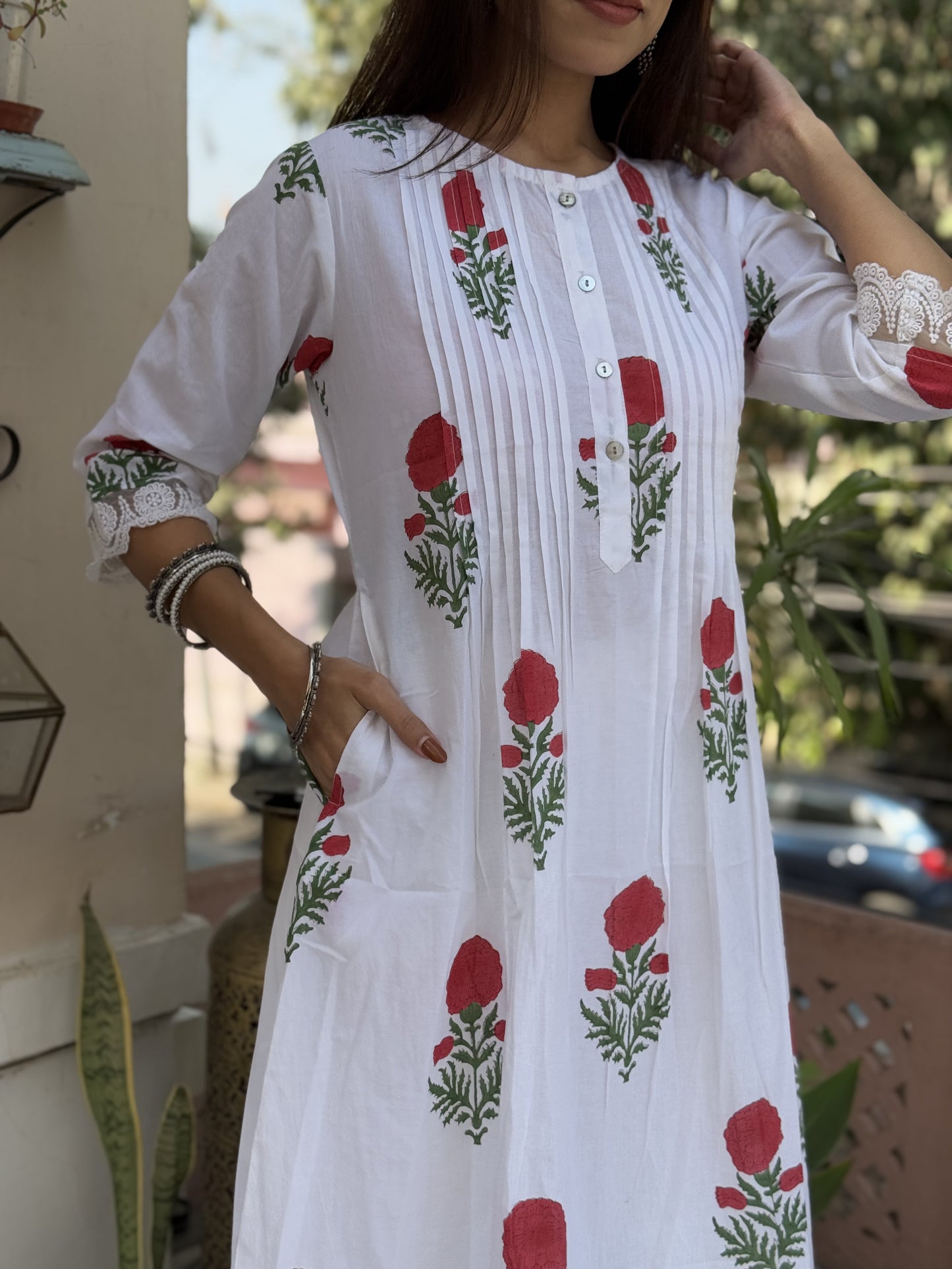 Block Printed A-Line Cotton Kurta Pant Ghazal Set White