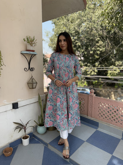 Block Printed A-Line Cotton Kurta Pant Ghazal Set Green