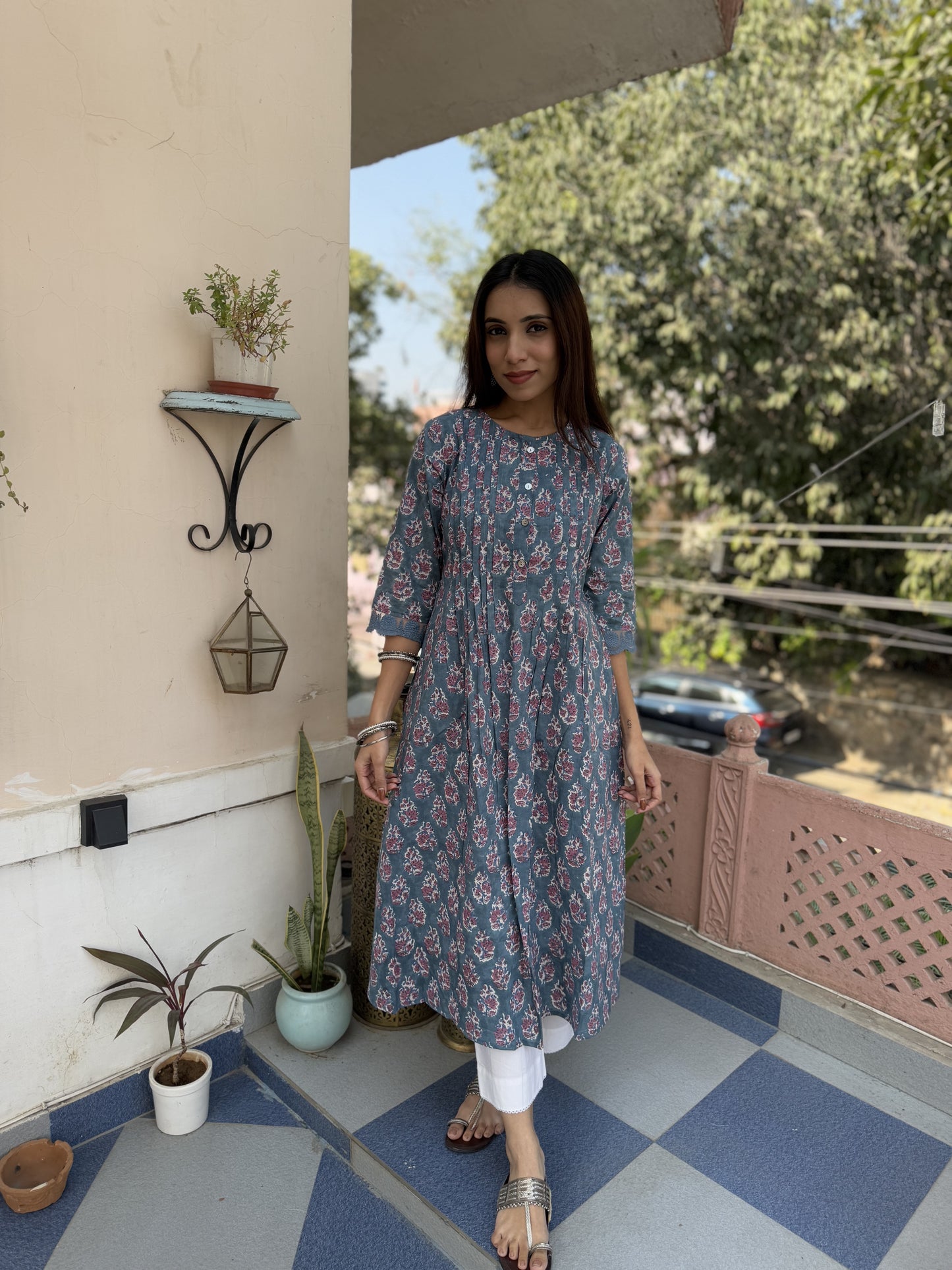 Block Printed A-Line Cotton Kurta Pant Ghazal Set Grey