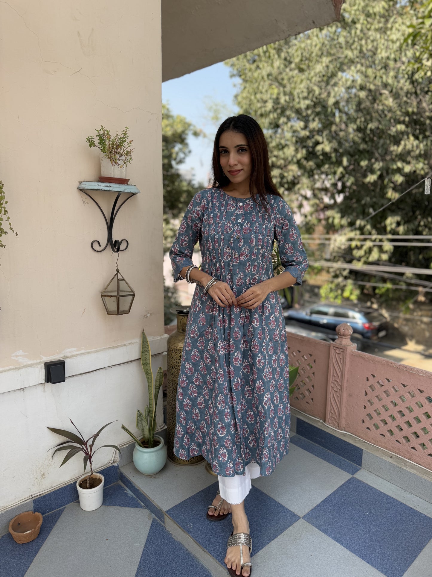 Block Printed A-Line Cotton Kurta Pant Ghazal Set Grey