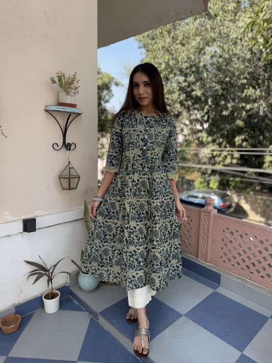 Block Printed A-Line Cotton Kurta Pant Ghazal Set Indigo