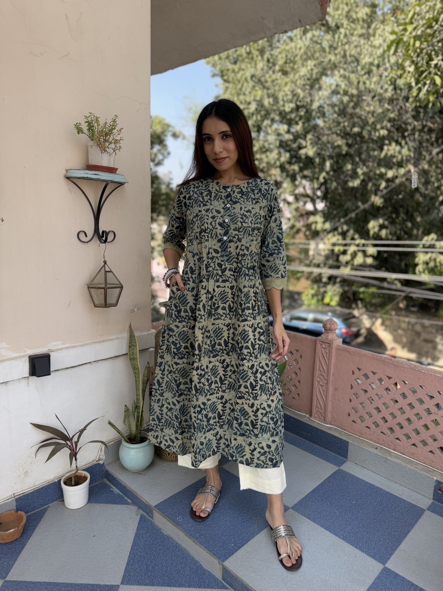 Block Printed A-Line Cotton Kurta Pant Ghazal Set Indigo