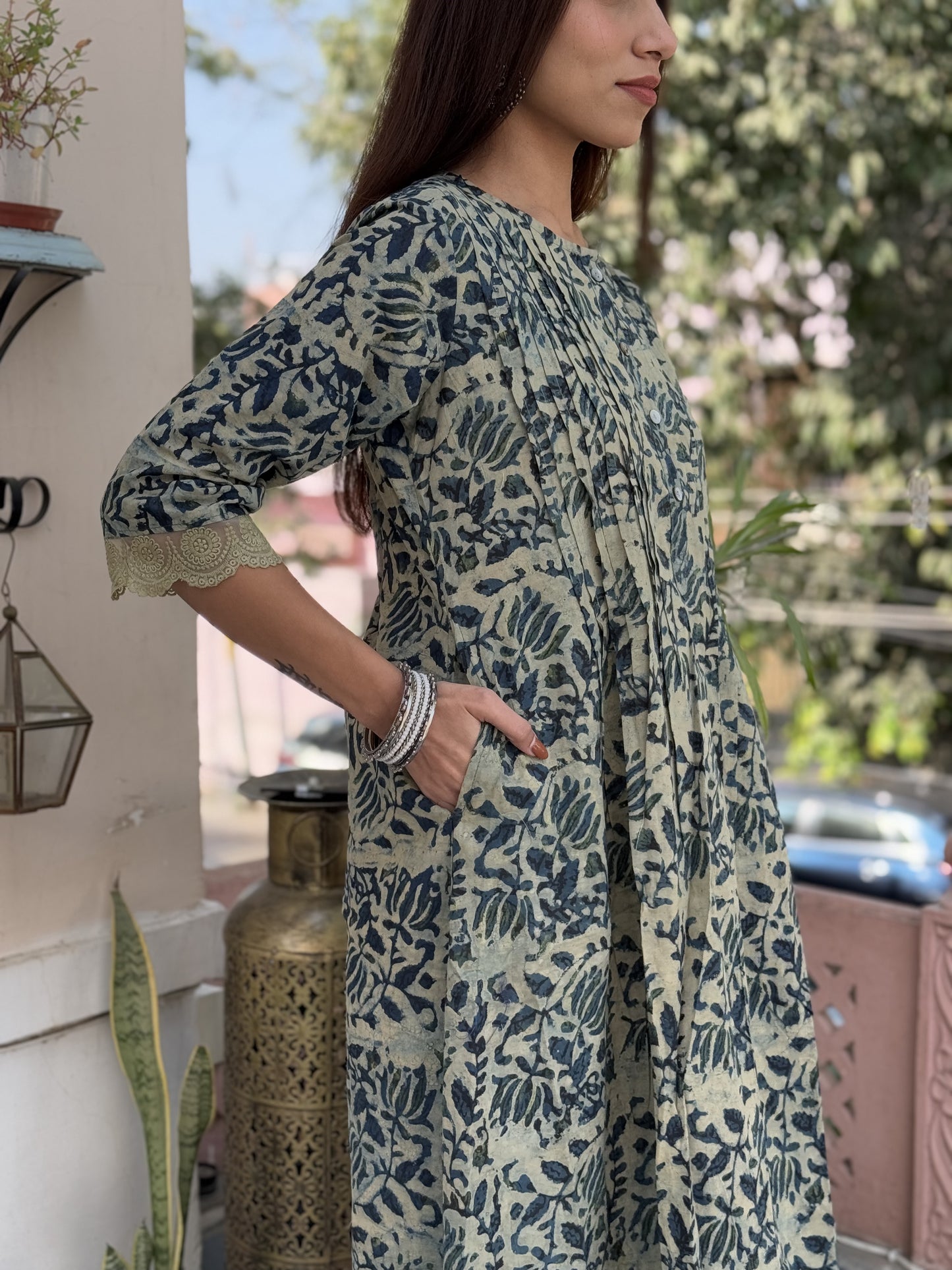 Block Printed A-Line Cotton Kurta Pant Ghazal Set Indigo