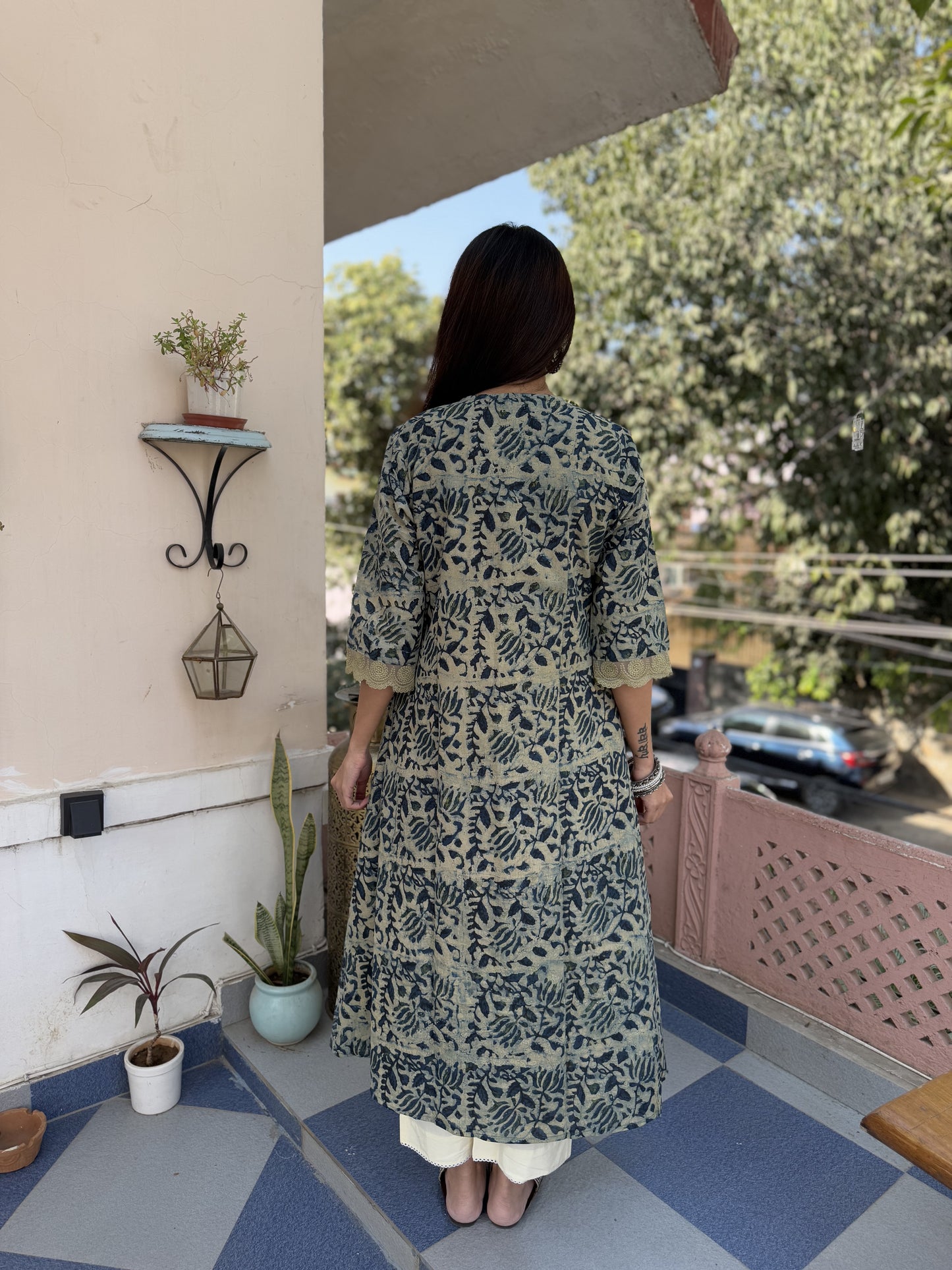 Block Printed A-Line Cotton Kurta Pant Ghazal Set Indigo