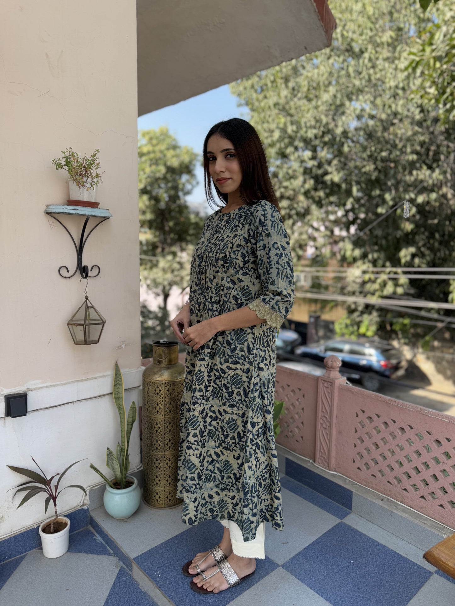 Block Printed A-Line Cotton Kurta Pant Ghazal Set Indigo