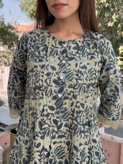 Block Printed A-Line Cotton Kurta Pant Ghazal Set Indigo