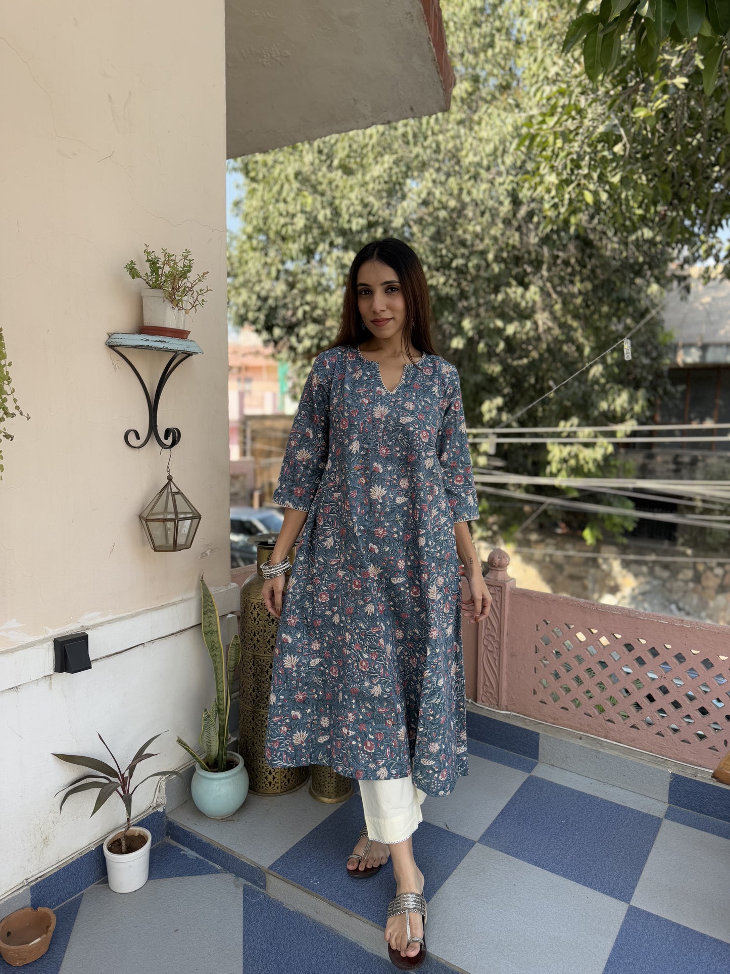 Cotton printed A-line Phiran kurta Grey