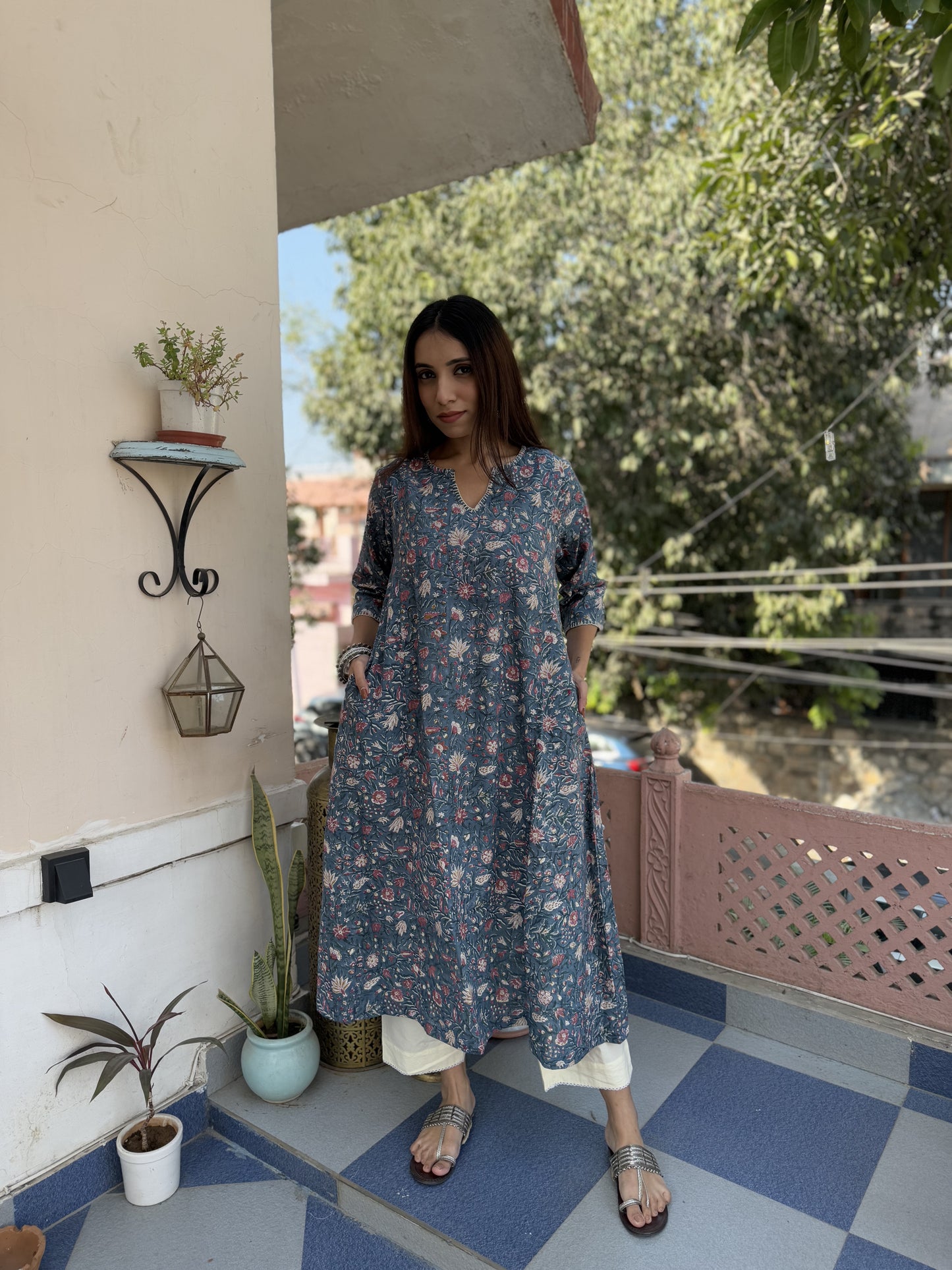 Cotton printed A-line Phiran kurta Grey