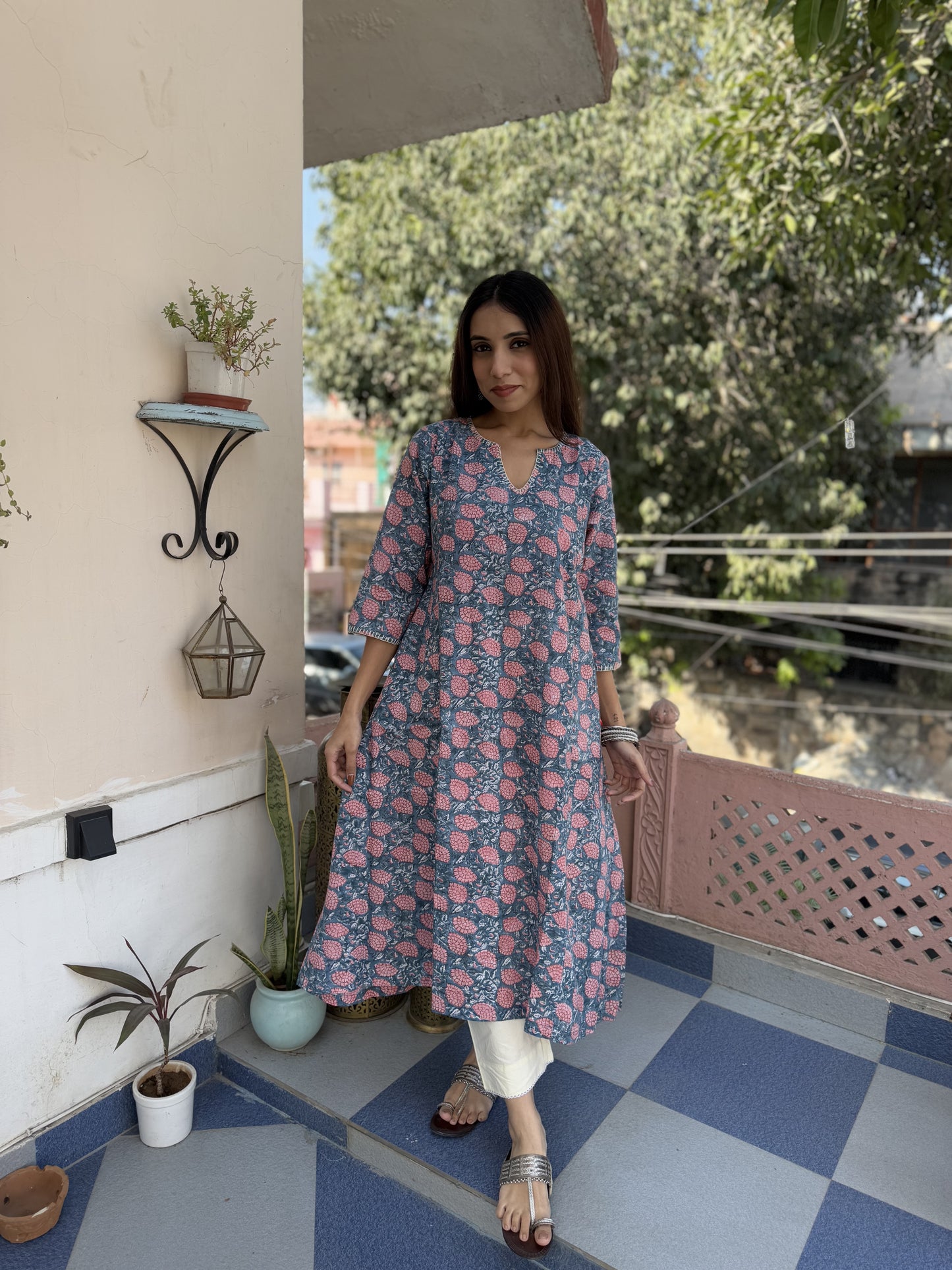 Cotton printed A-line Phiran kurta Steel Blue