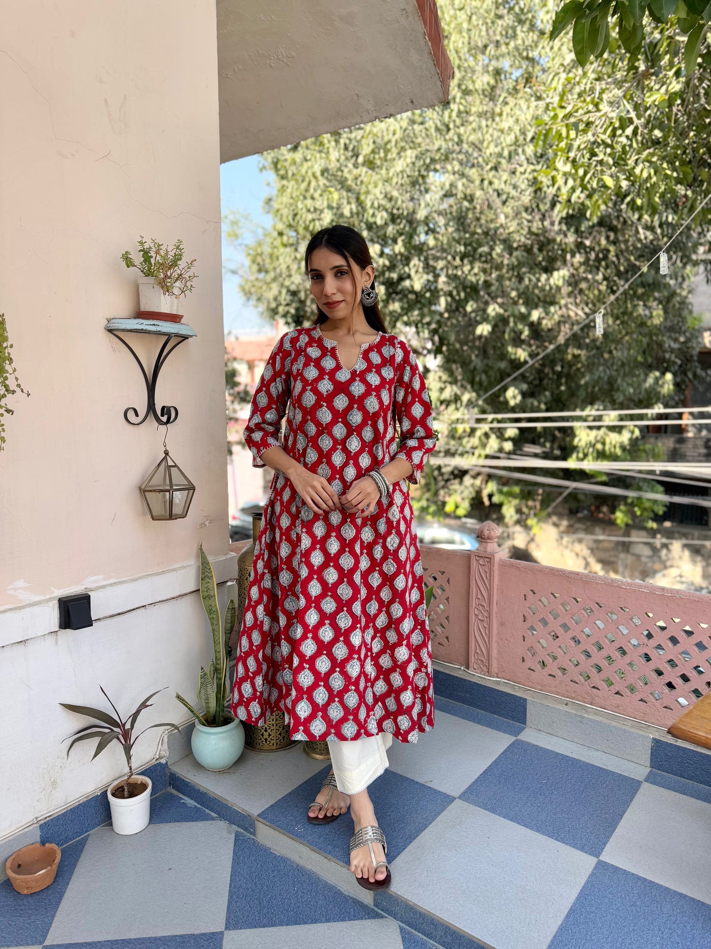 Cotton printed A-line Phiran kurta Red