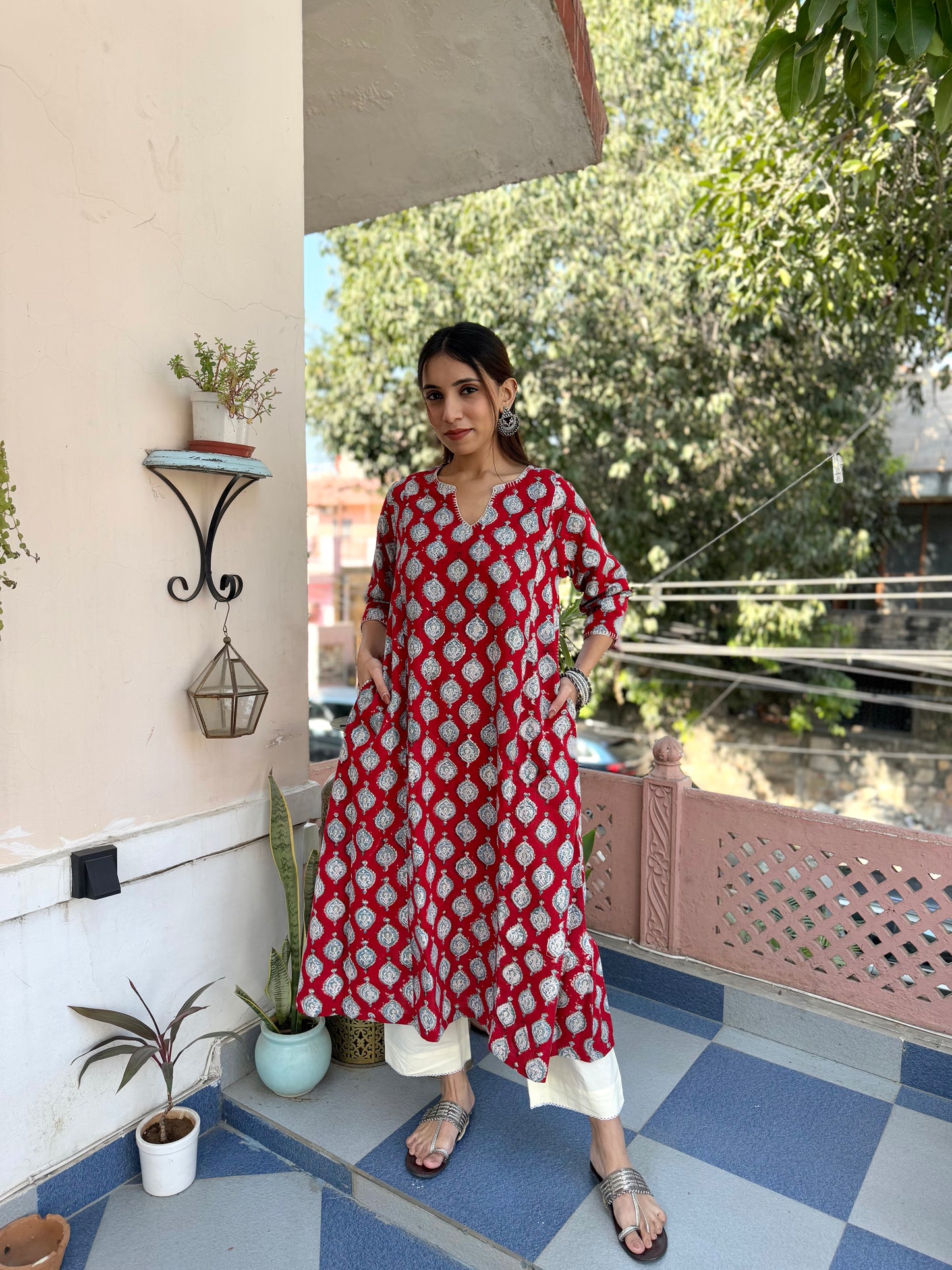 Cotton printed A-line Phiran kurta Red