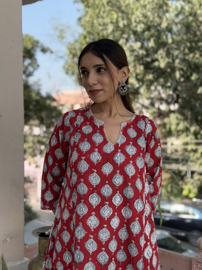 Cotton printed A-line Phiran kurta Red