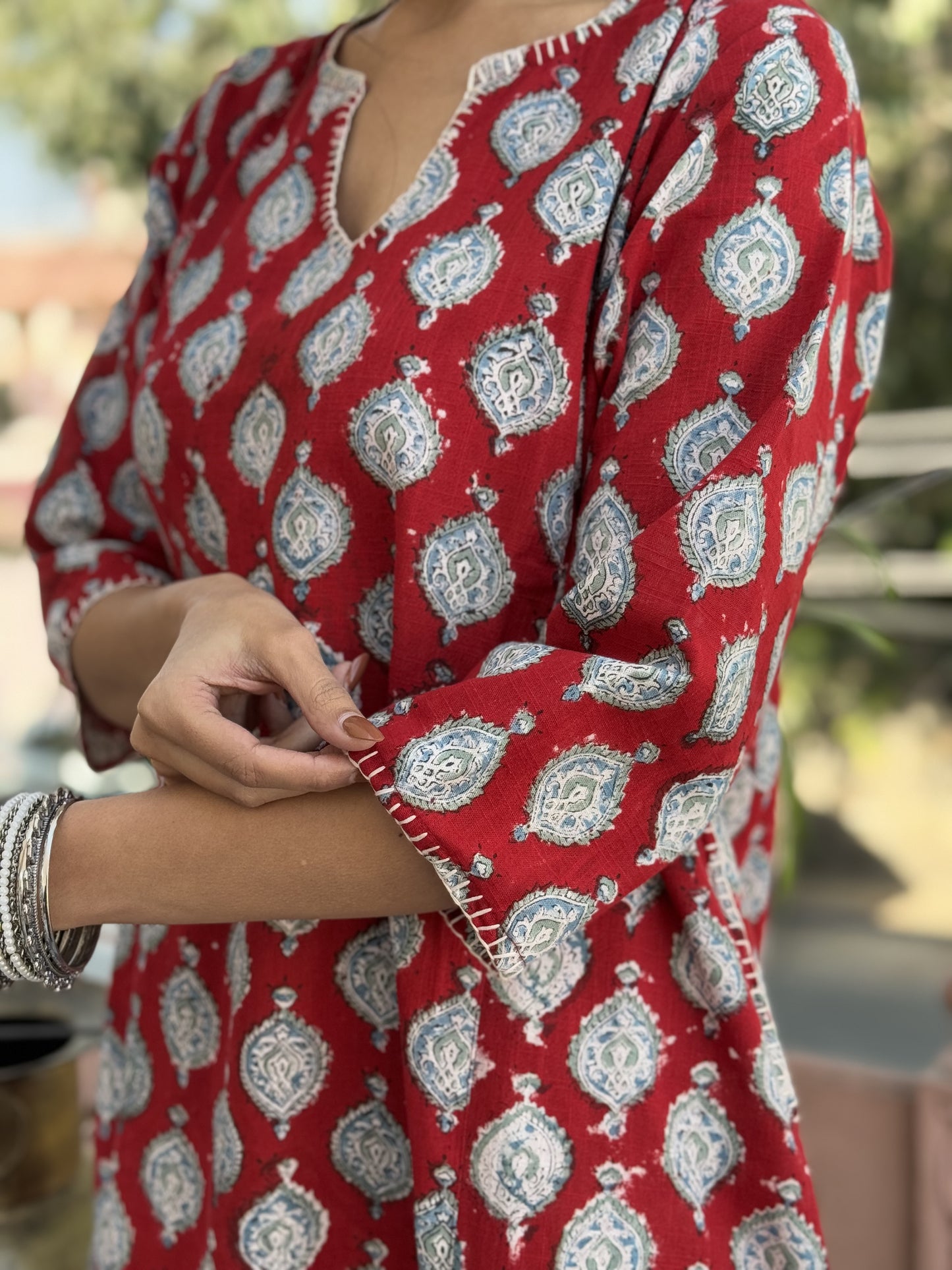 Cotton printed A-line Phiran kurta Red