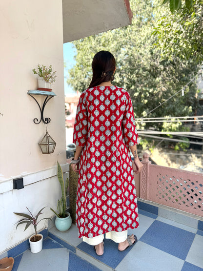 Cotton printed A-line Phiran kurta Red