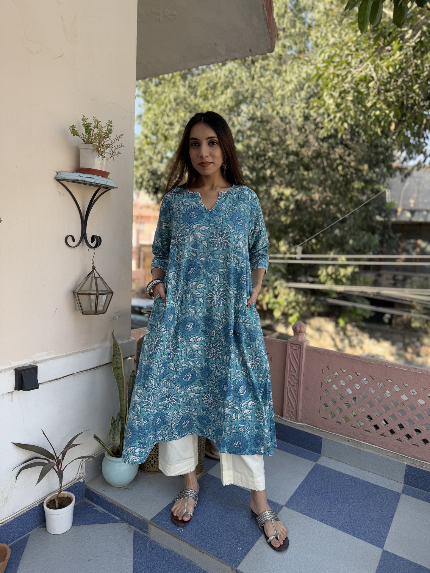 Cotton printed A-line Phiran kurta Light Blue