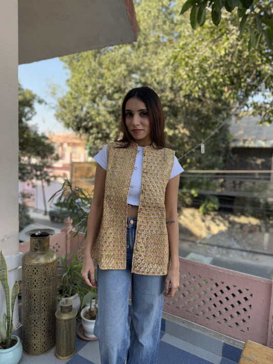 Cotton Printed Sleeveless Quilted Jacket Mustard